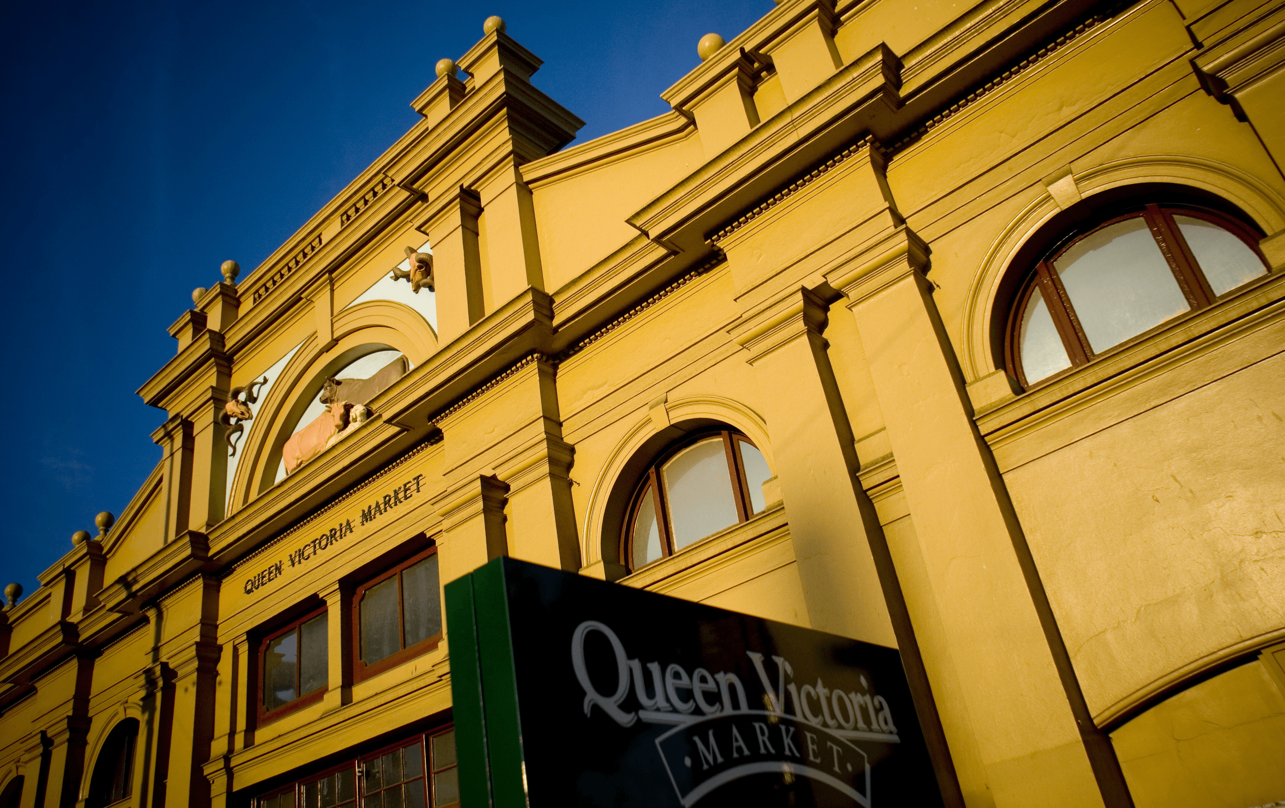A shot of the Queen Vic Market with blue skies in the background.